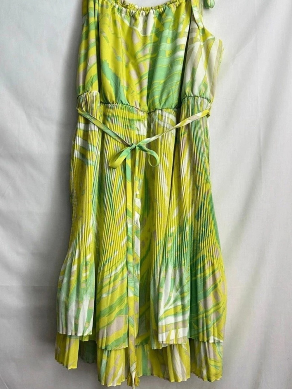 Lane Bryant Abstract Tie Straps Belt Pleated Mini Dress Yellow Green Size 18/20